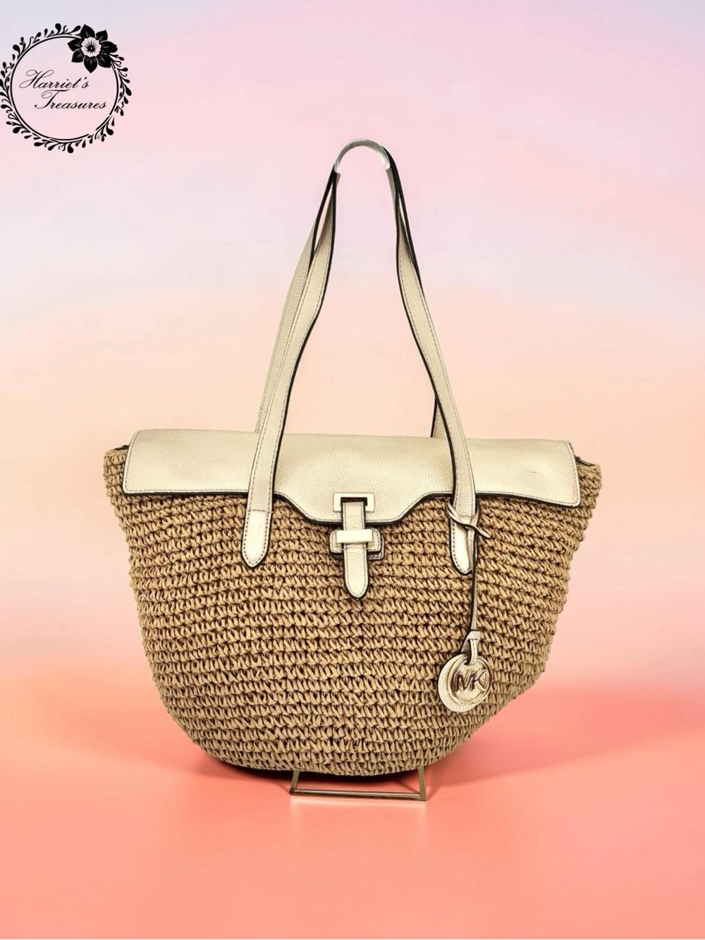 Michael Kors Brown Raffia Shoulder Tote with Gold Leather Trim